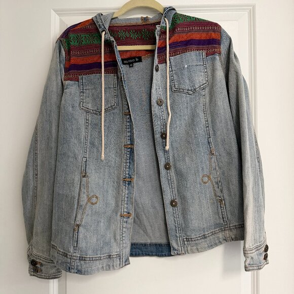 Mono B Jackets & Blazers - Hooded Denim Jacket with Woven Fabric Panel
